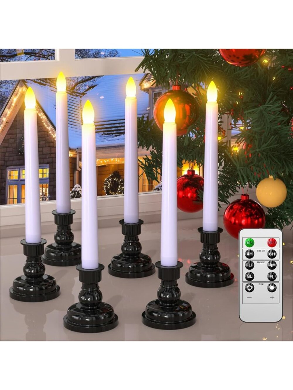 Set of 6 LED Taper Candles with Remote & Timer - Battery Operated, Flickering